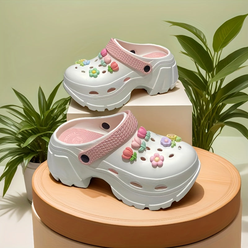 Women's Summer Plant-Themed Slip-On Shoes Pink White EVA Comfortable Casual