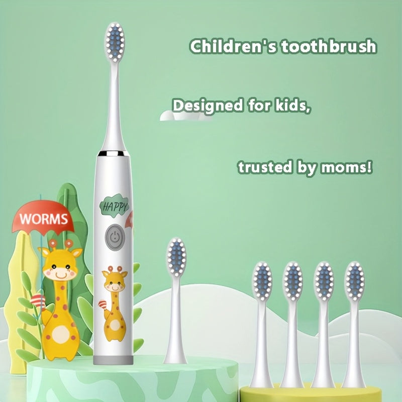 Kids Electric Toothbrush Blue White Giraffe Design Battery Powered for Ages 3-15