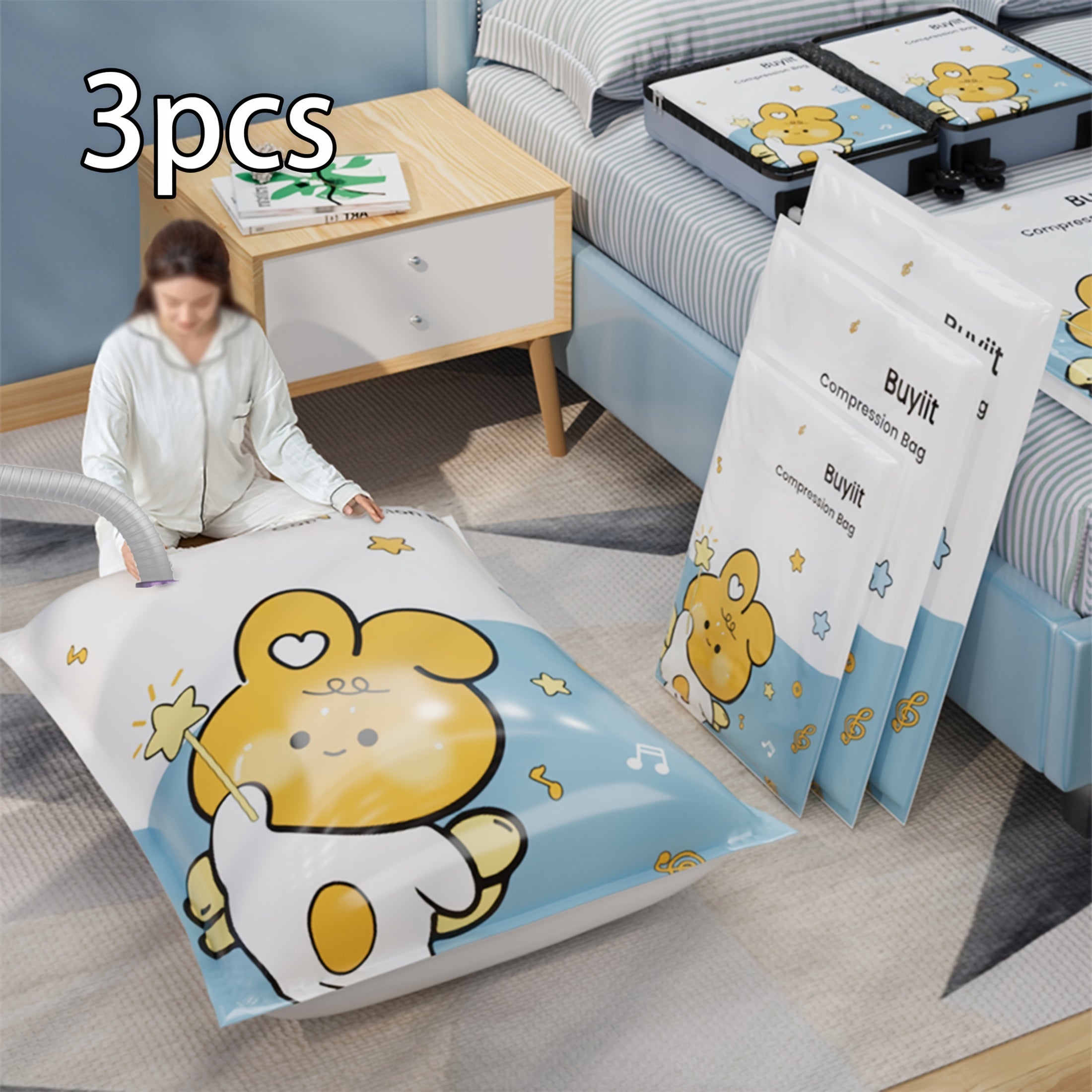 3 ta yurak bargi quyonli vakuum saqlash sumkallari to'plami, yostiq, kiyim, to'shaklar uchun, joyni tejash