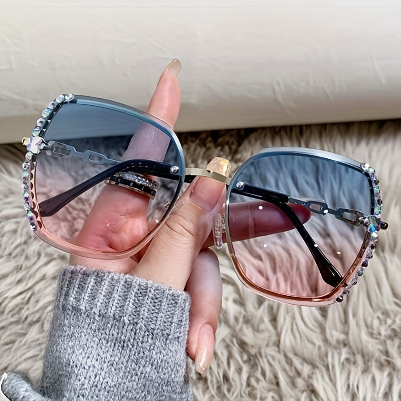 Women's Rimless Rhinestone Decor Gradient Glasses for Summer Beach Party