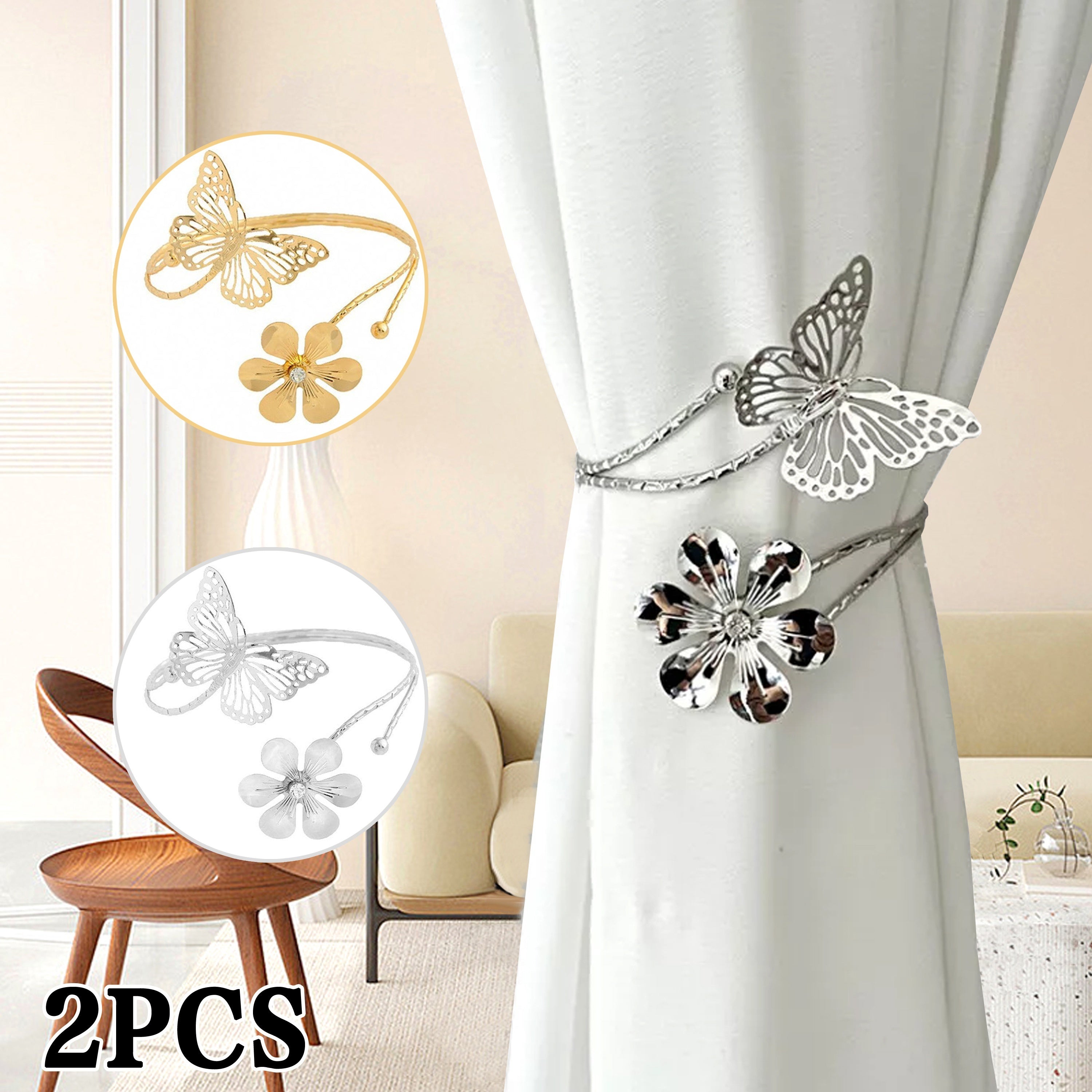 Modern Minimalist Curtain Tiebacks with Butterfly and Flower Design, Adjustable, Easy Install