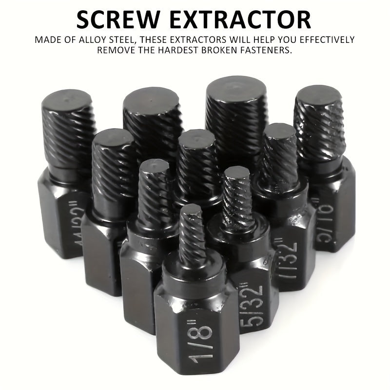 10-Piece Alloy Steel Screw Extractor Set for Damaged Screws Bolts and Studs