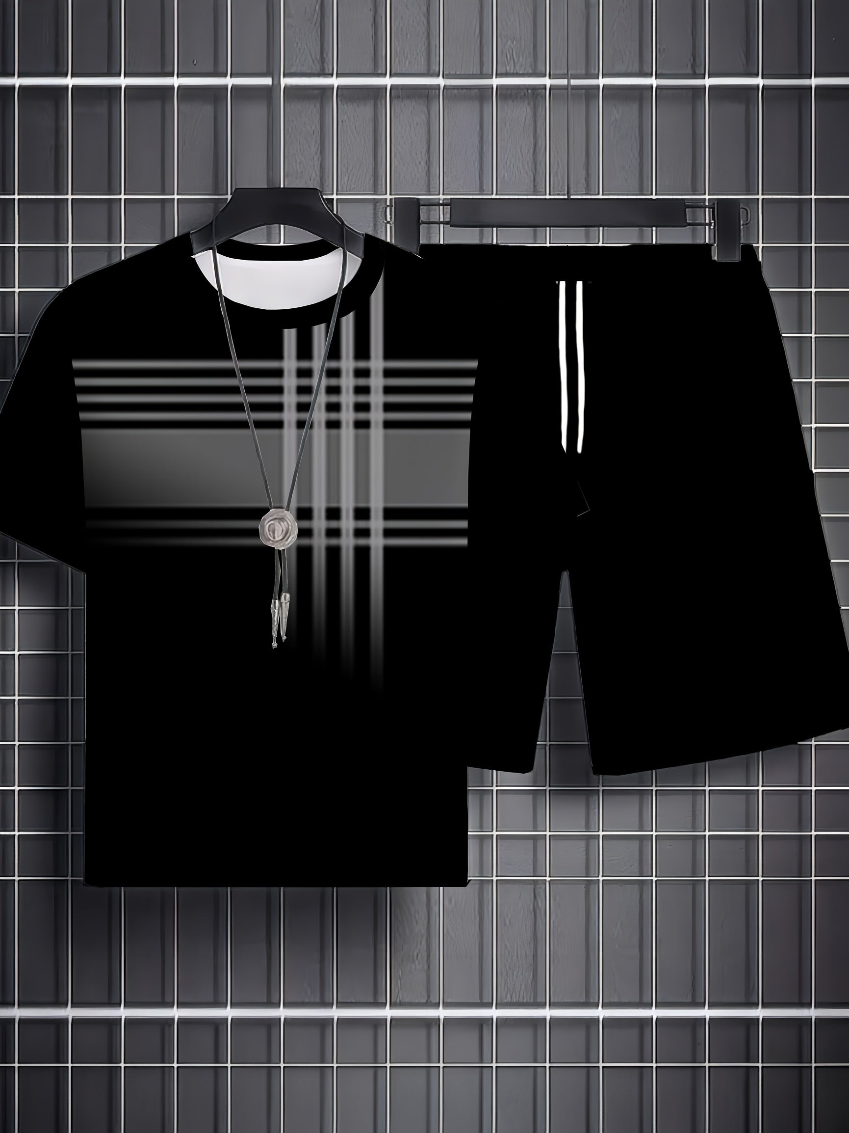 Men's Casual Short Sleeve Plaid and Printed Set Polyester Knit Fabric