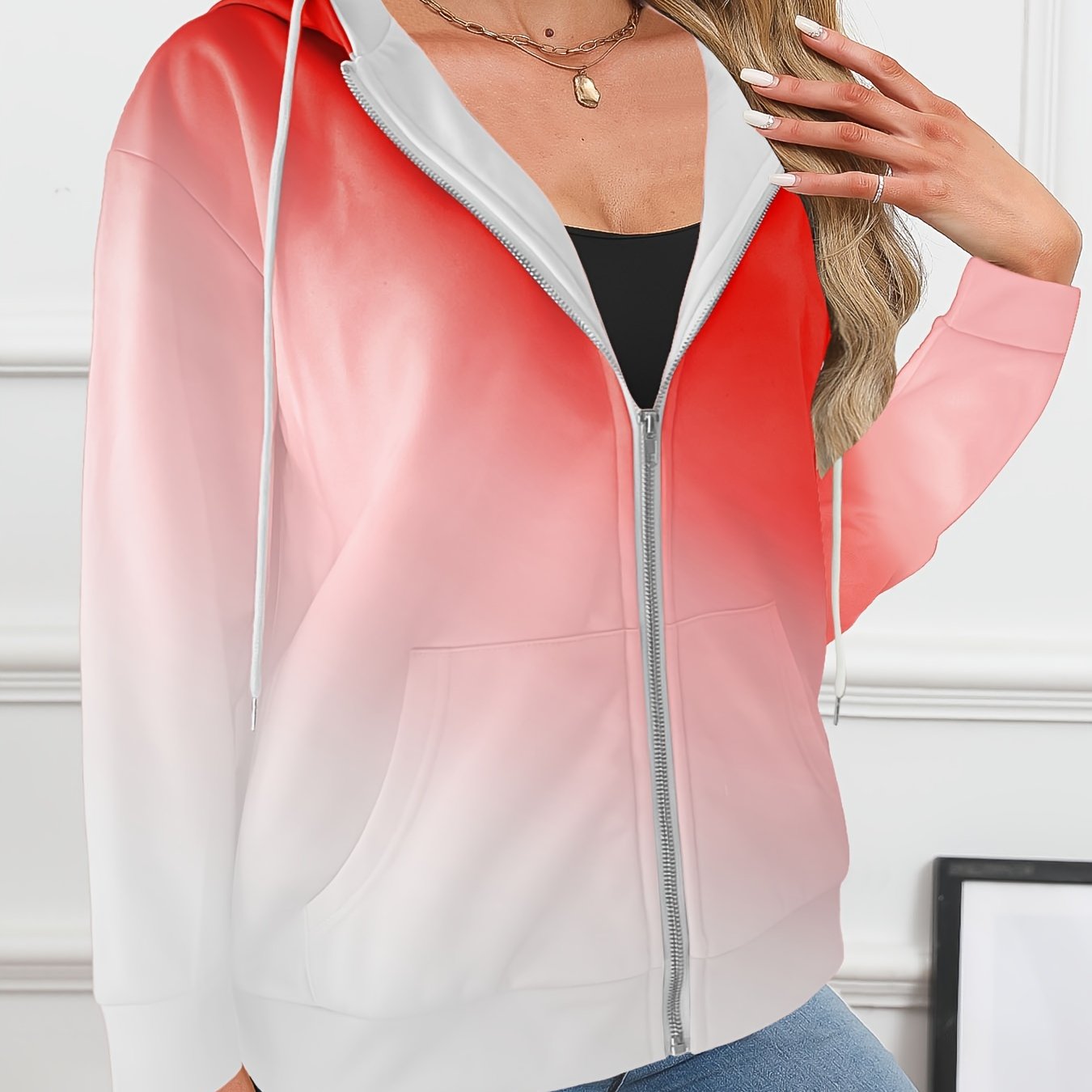 Женский худи с молнией и омбре 3D цифровой печатью, полиэстер, трикотаж, длинный рукав, повседневная куртка