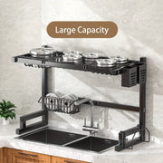 Large Black Metal Dish Drying Rack Over Sink with Detachable Shelf and Utensil Holder