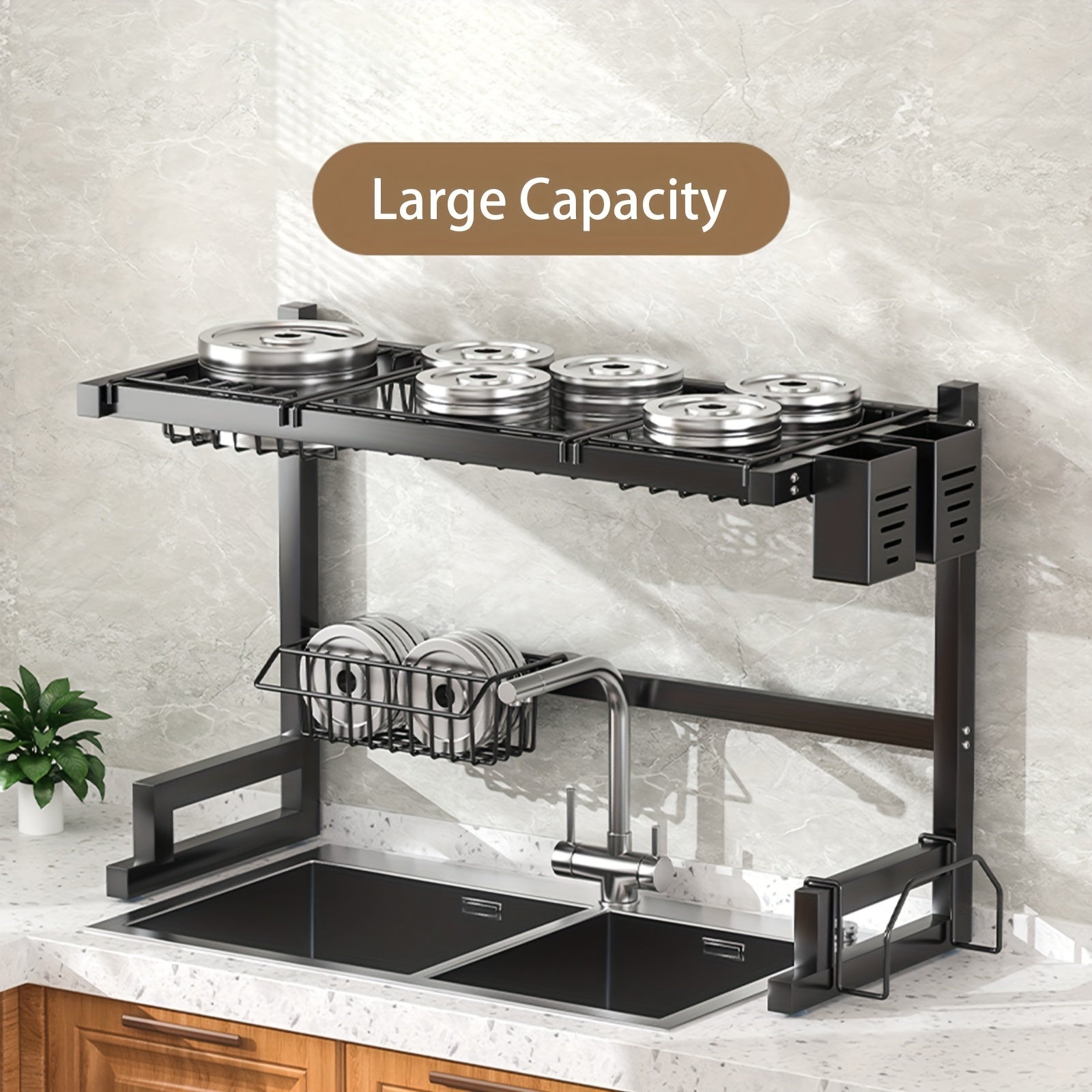 Large Black Metal Dish Drying Rack Over Sink with Detachable Shelf and Utensil Holder