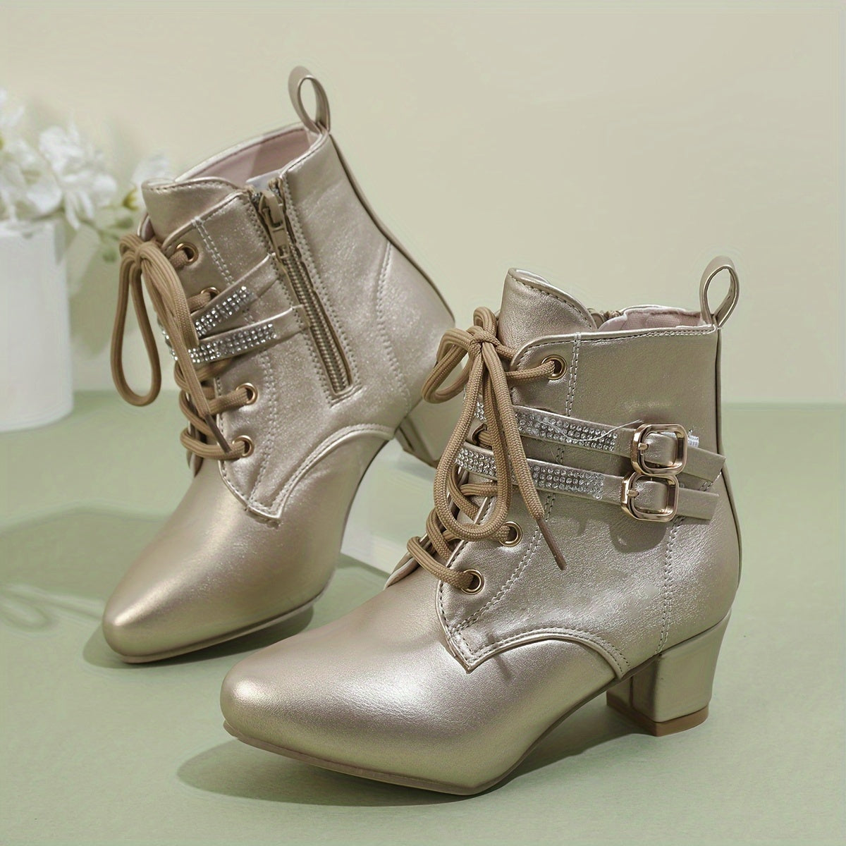 Women's White Ankle Boots with Golden Buckles Side Zipper Chunky Heel