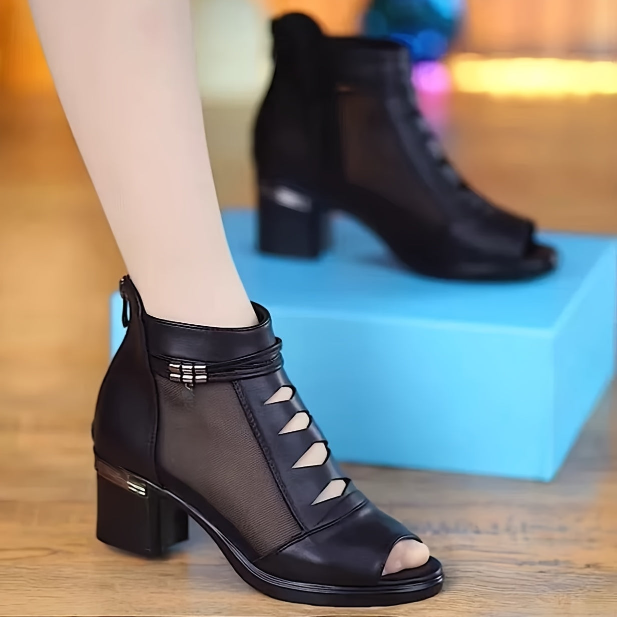 Women Short Boots Netting Block Heel Open Toe Summer Zipper Rubber Sole