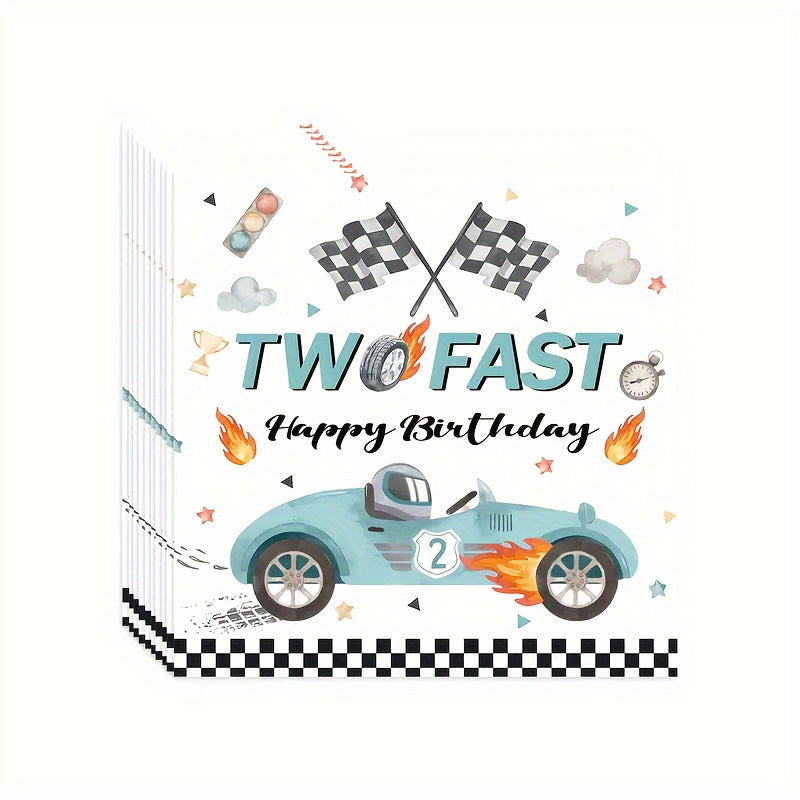 Set of 10 Birthday Party Plates Cups Napkins Paper Dinnerware Blue Race Car Checkered Flag for 2nd Birthdays Tailgate Celebrations