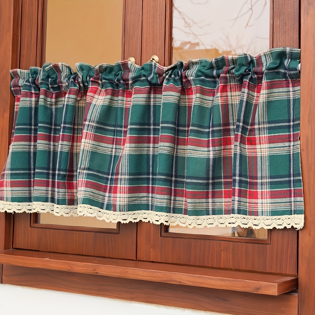 Vintage Green Plaid Lace Curtain 1-Panel Short Coffee Kitchen Window Decor