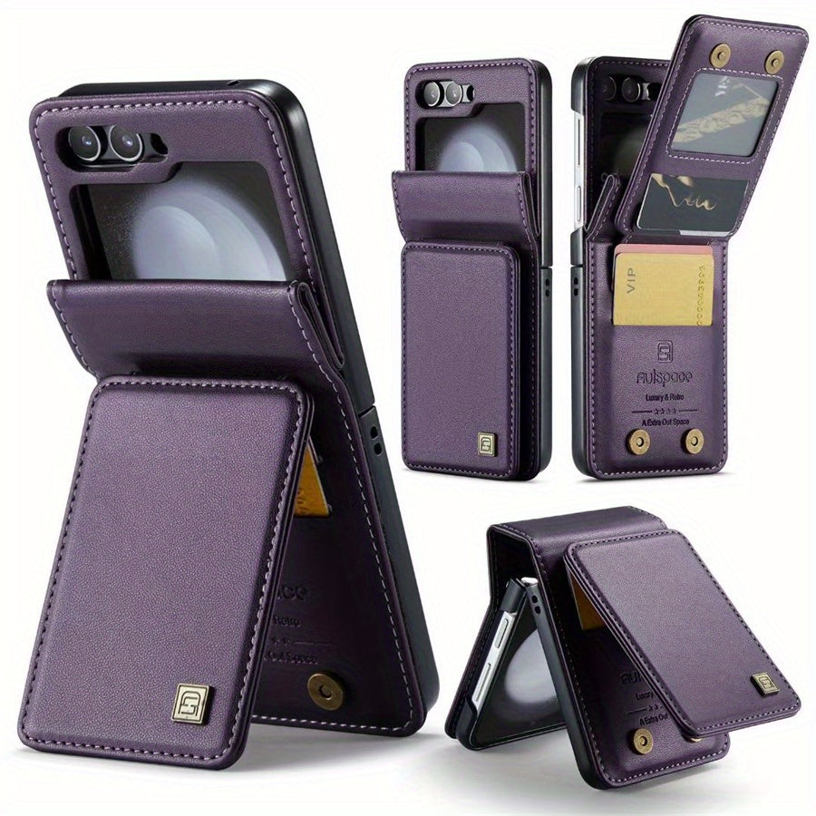 Leather Phone Case for Samsung Z Flip6 and Z Flip5 with Card Slot Drop Protection