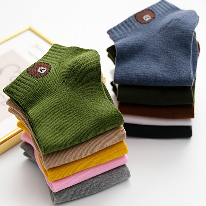 Women's Cartoon Bear Ankle Socks 10 Pairs Polyester Elastane Breathable Mesh