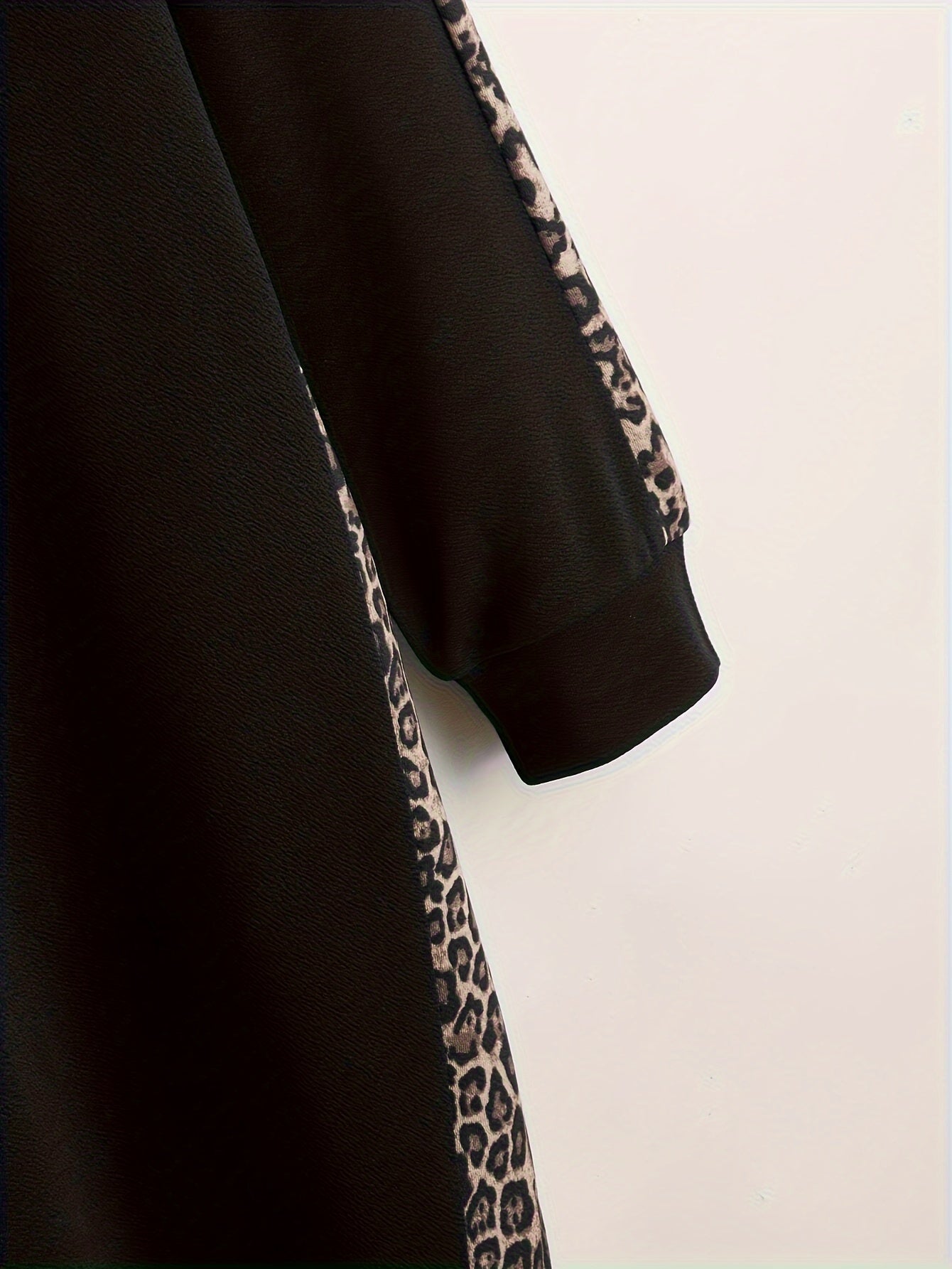 Black Hoodie for Women with Leopard Print Accents Polyester Knit Oversized Pullover