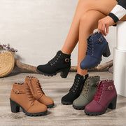 Women's Block Heel Short Boots Casual Lace Up Ankle Boots
