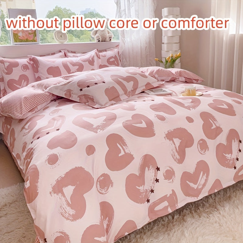 Pink Heart Print Duvet Cover Set 4 Pieces All-Season Bedding for Bedroom Guest Room