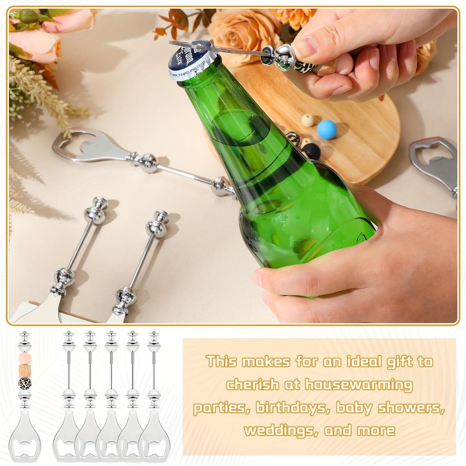 Set of 6 Silver Beaded Metal Bottle Openers for DIY Crafts and Party Favors