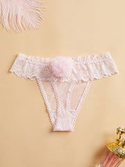 Women's Lace Panties with Removable Pom-Pom and Bunny Tail, Solid Color, Mid-Waist Polyester Lingerie