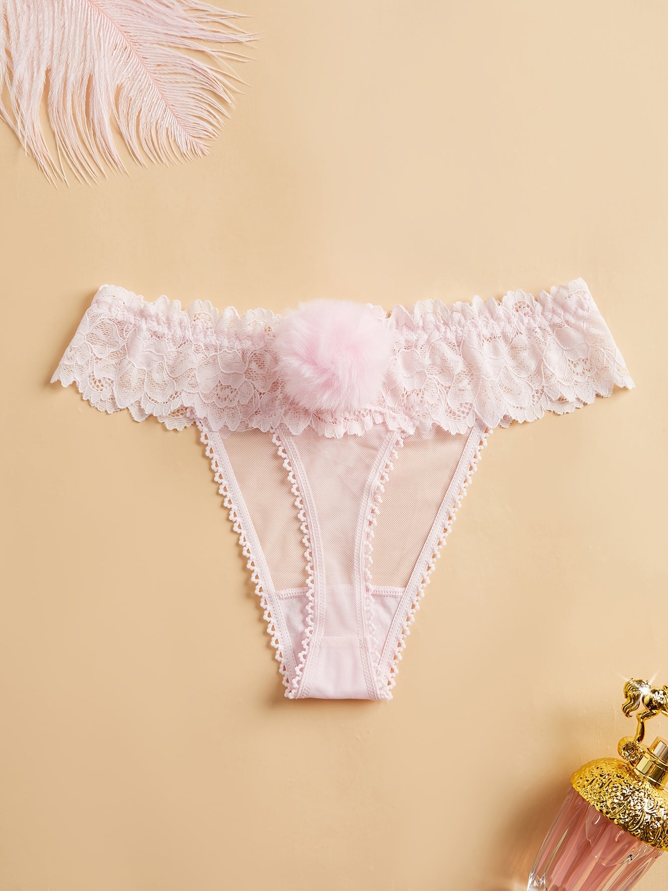 Women's Lace Panties with Removable Pom-Pom and Bunny Tail, Solid Color, Mid-Waist Polyester Lingerie
