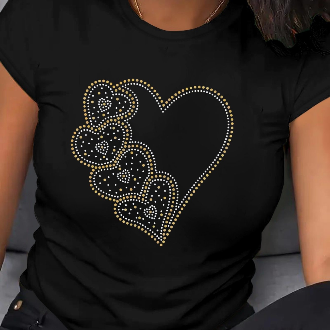 Plus Size Women's Casual T-Shirt with Rhinestone Heart Short Sleeve Beige