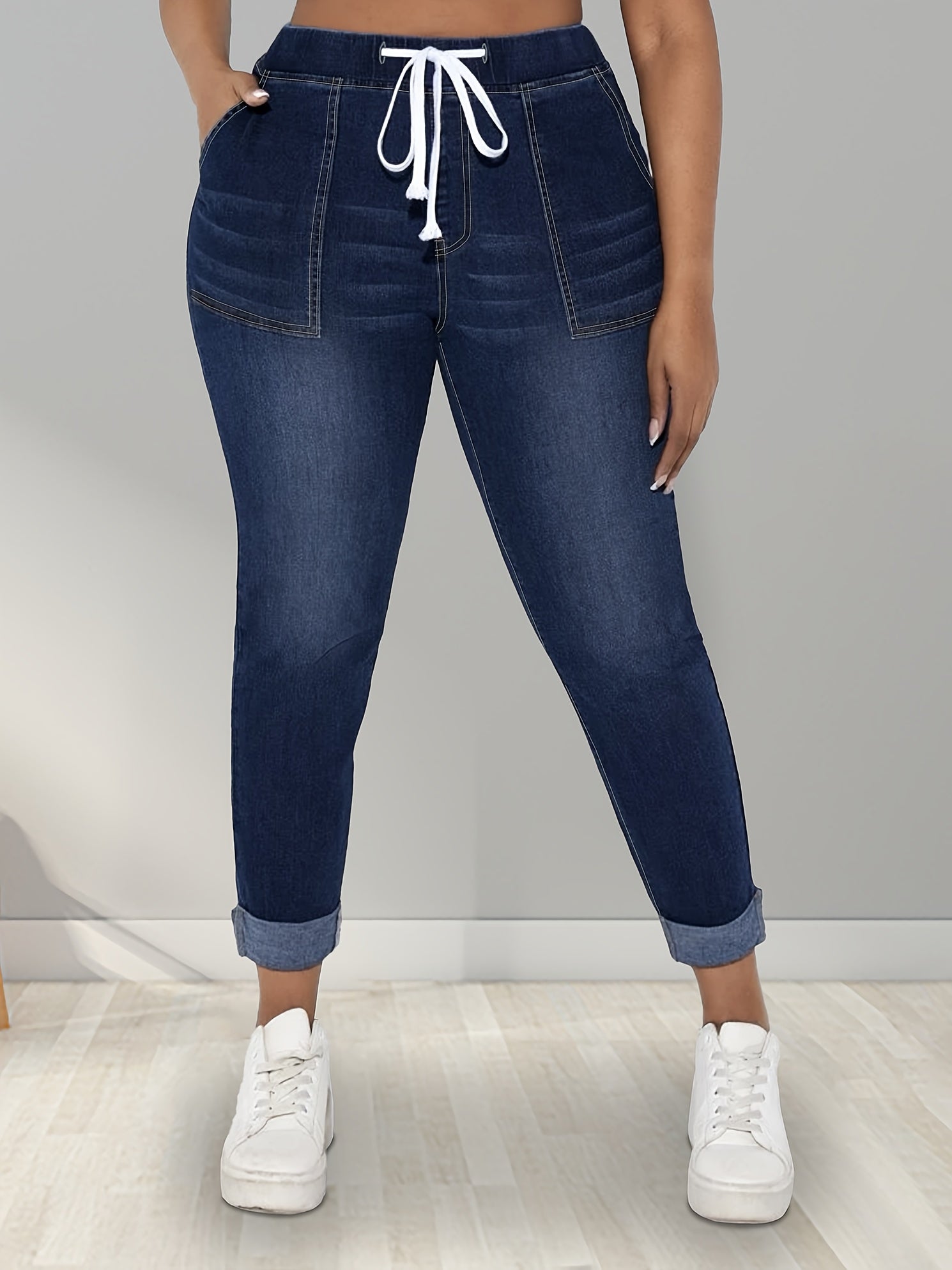 Women's Plus Size High Stretch Skinny Jeans with Roll-Up Hem and Pockets