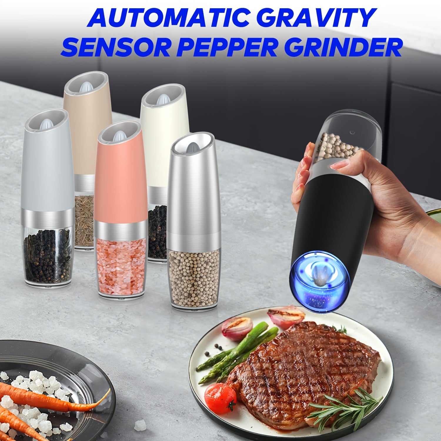 Electric Pepper and Salt Grinder Set with Adjustable Coarseness Battery Operated Stainless Steel with LED Light