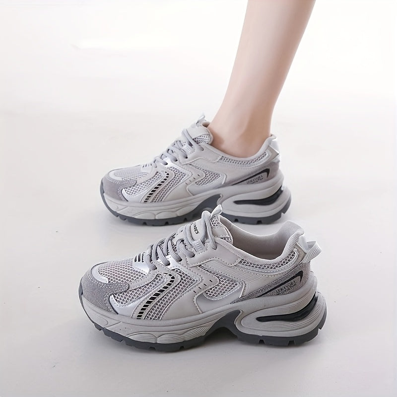 Women's Mesh Chunky Dad Sneakers Light Gray Low-Top Breathable Shoes