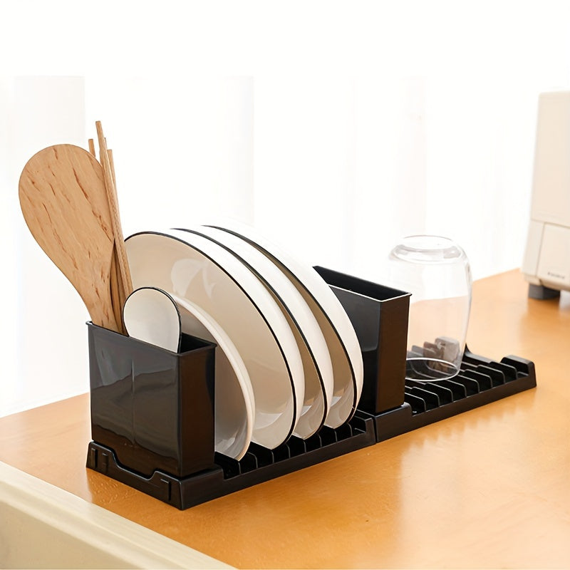 One-Piece Plastic Kitchen Dish Rack with Cutlery Holder and Water Drip Tray