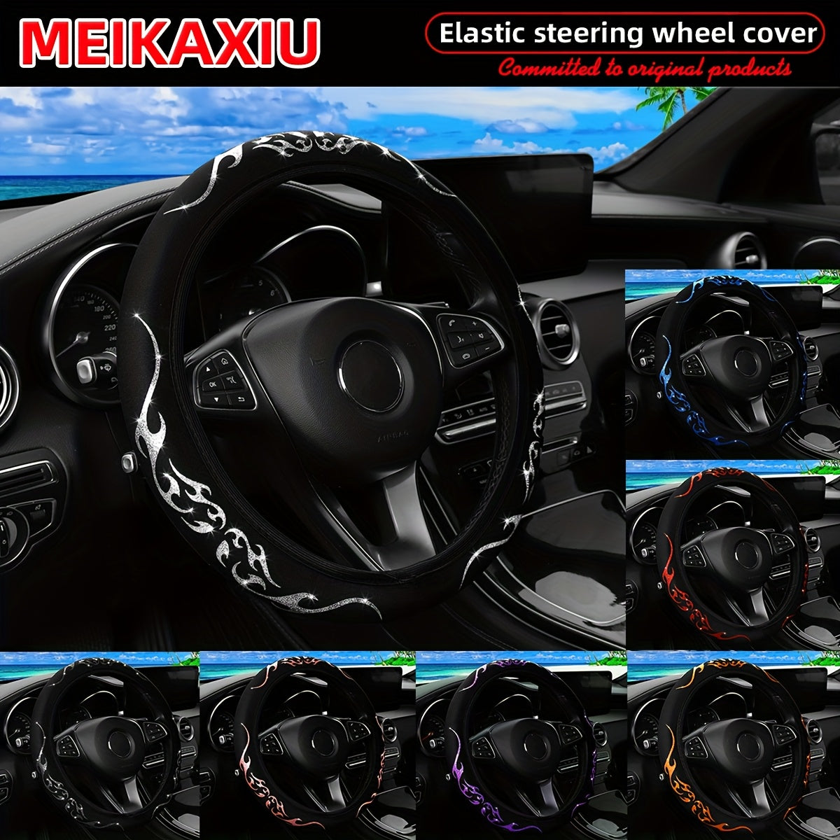 Vibrant Fabric Steering Wheel Cover Non-slip Waterproof Flame Design For 14.5-15 Inch Cars