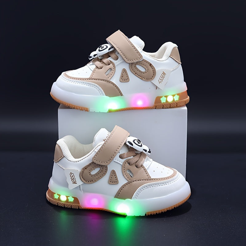 Kids LED Light-Up Sneakers with Panda Design, Low Top, Pink and White