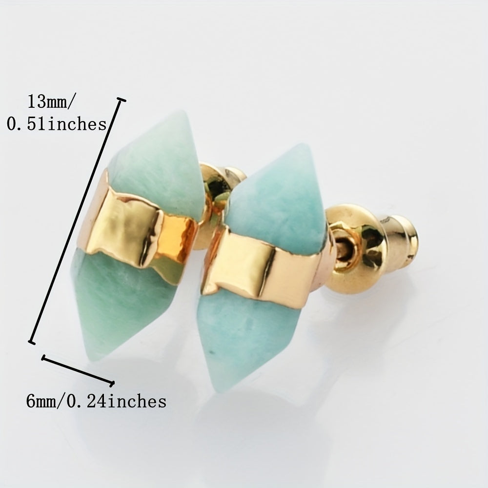 Hexagon Stud Earrings 14K Gold Plated Natural Stone Silver Ear Needle Minimalist Jewelry