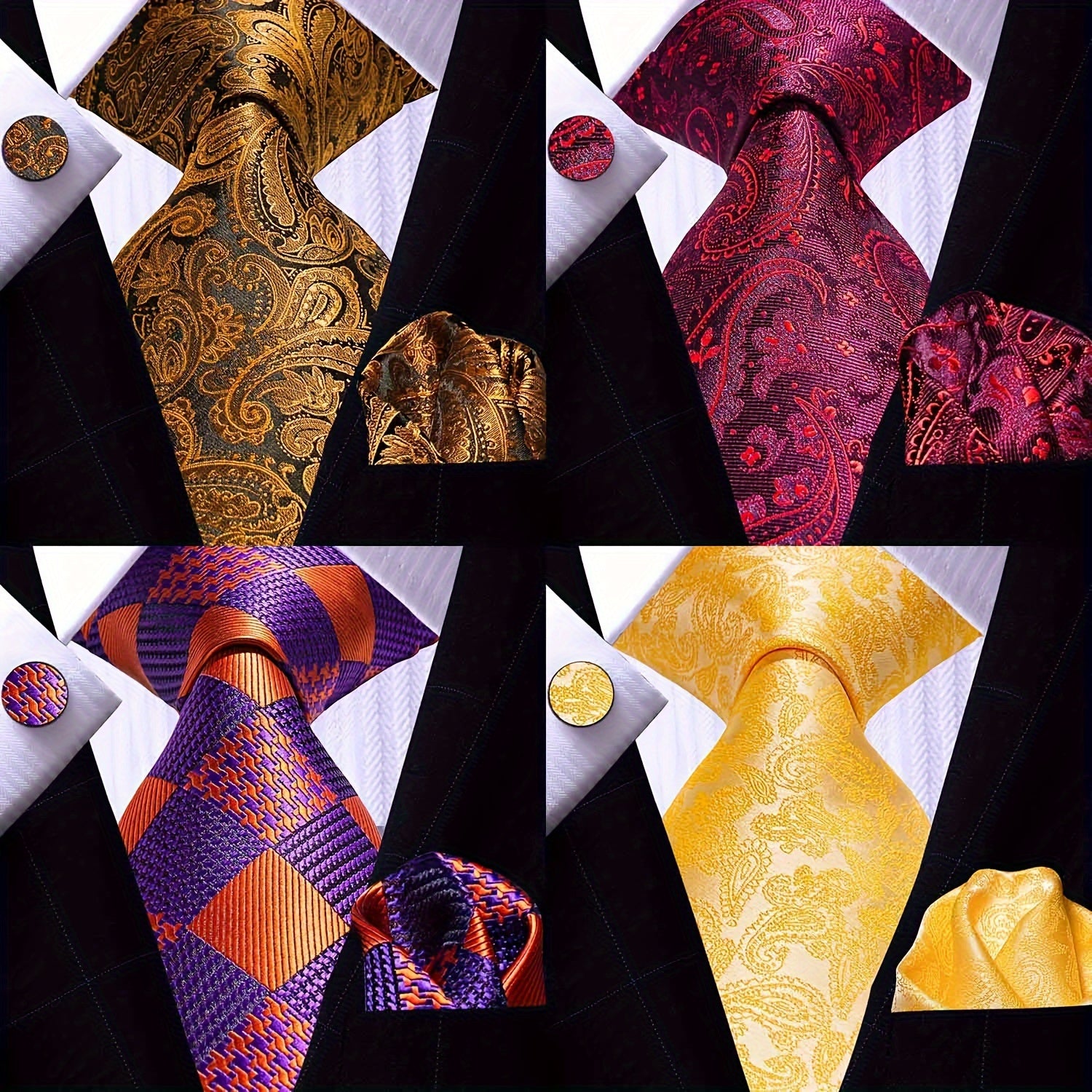 Men's Necktie Pocket Square Cufflinks Set for Wedding Business Party