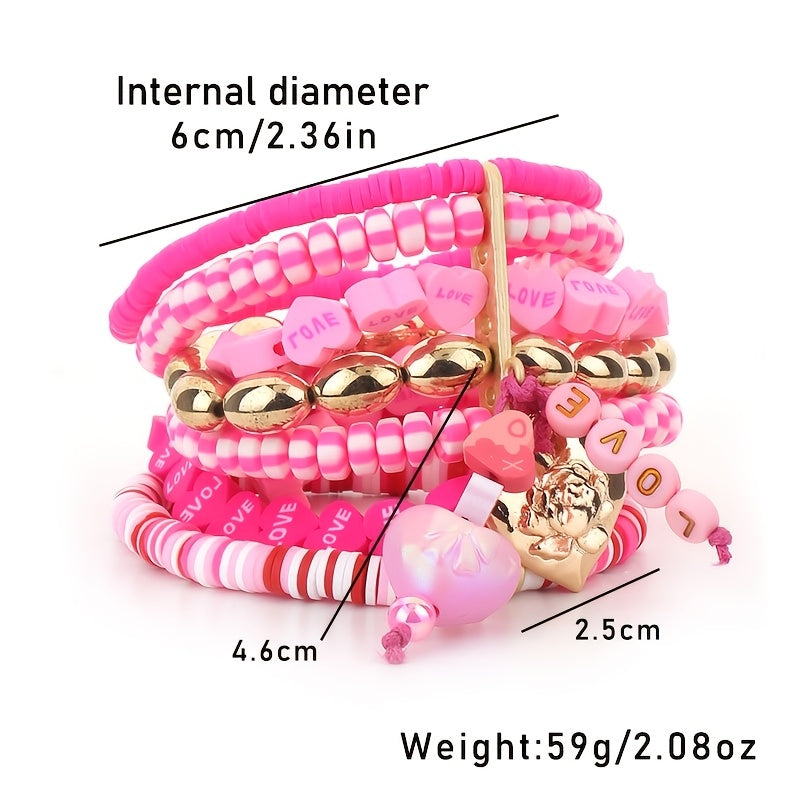 Pink Beaded Valentine's Day Bracelet with Heart Pendant and Multi-Layered Design