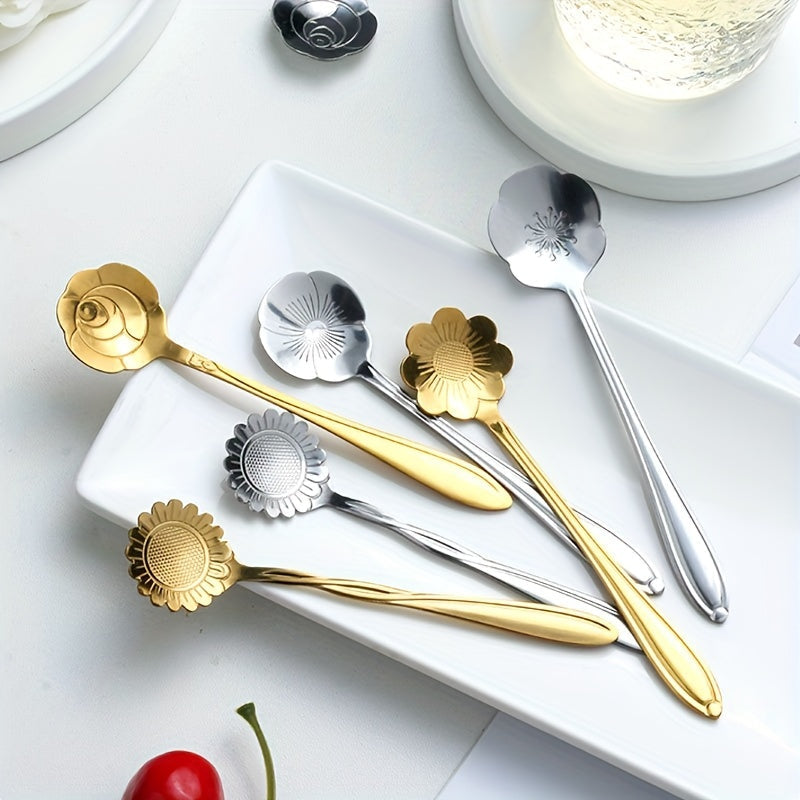 Set of 8 Flower-Shaped Stainless Steel Spoons for Tea Coffee Dessert Gold Silver