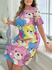 Women's Cartoon Bear Print Sleep Dress Soft Short Sleeve Nightgown All-Season Lounge