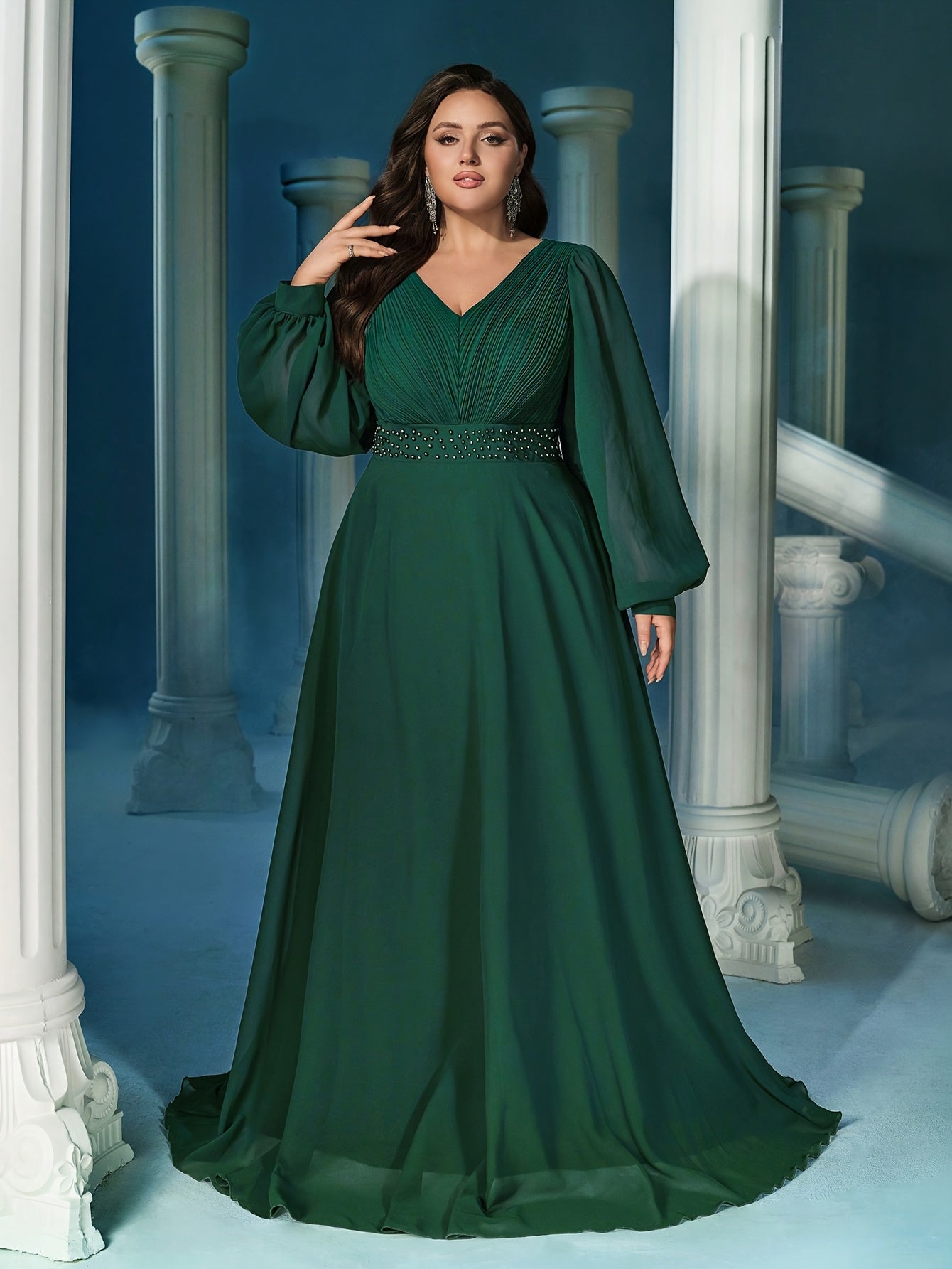 Women Emerald Green Rhinestone V-Neck Lantern Sleeve Evening Gown