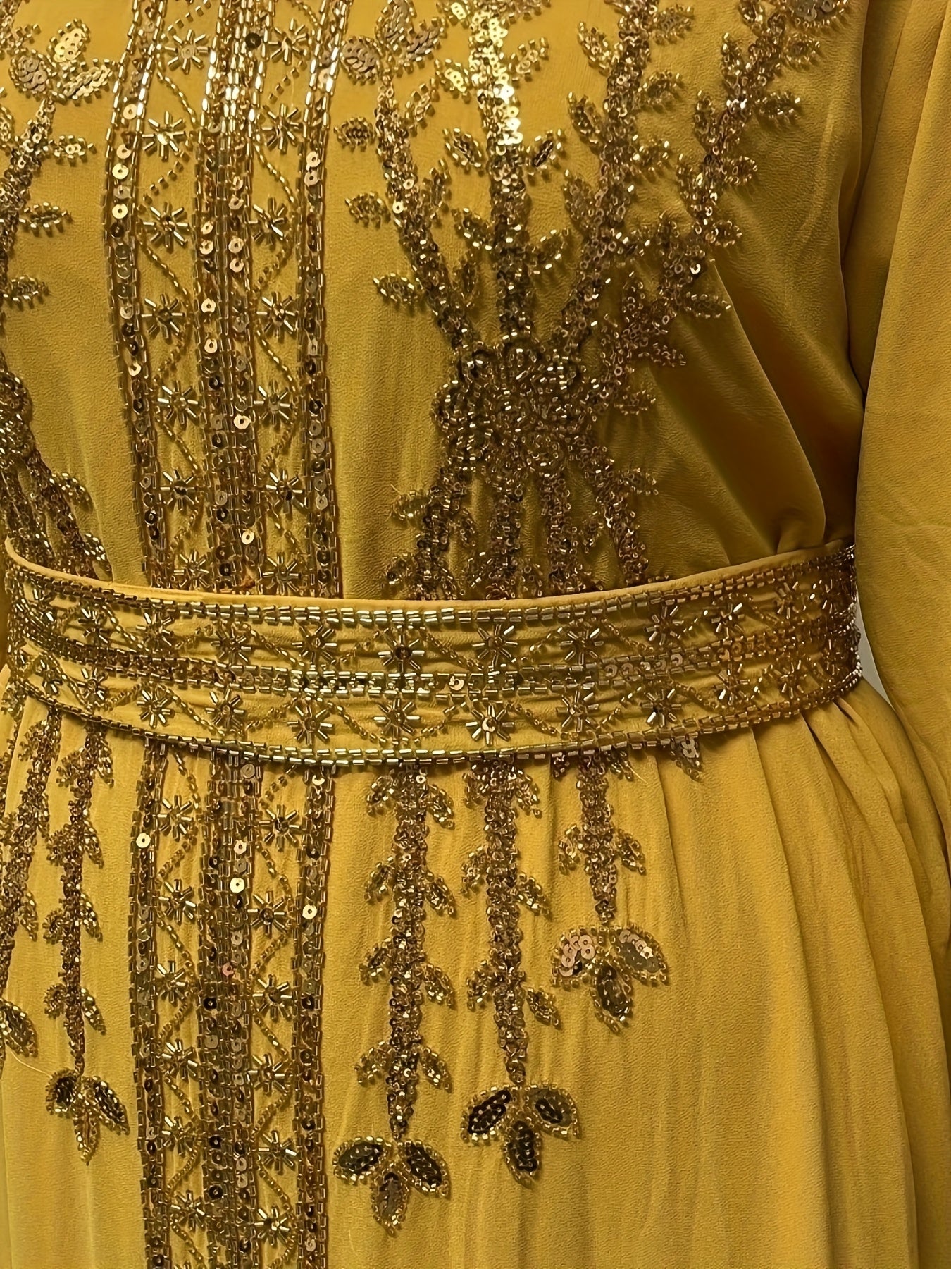 Plus Size Embroidered Maxi Dress White Gold V-Neck Long Sleeve Casual Formal