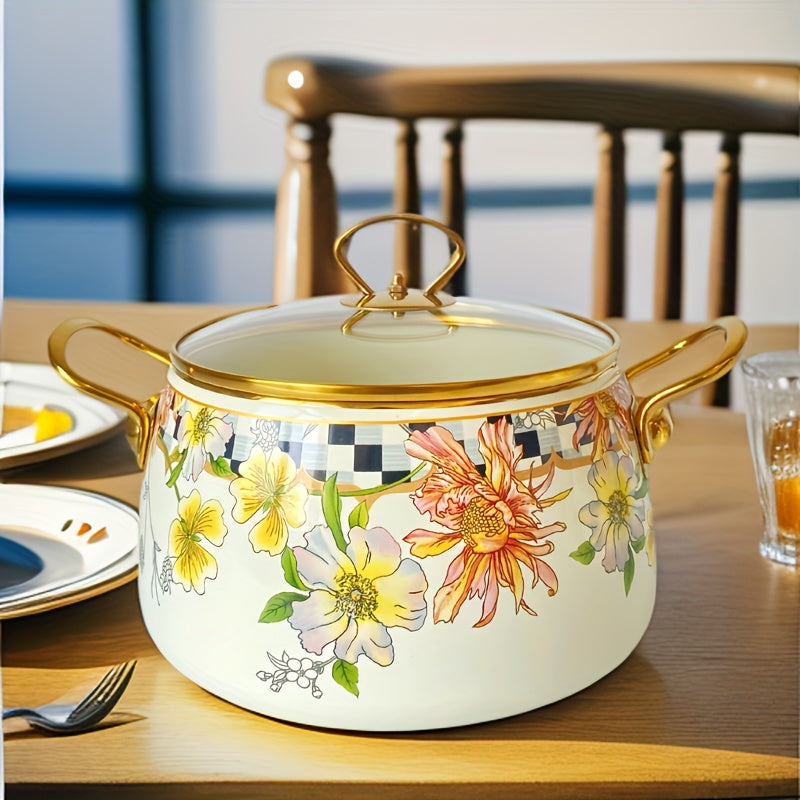 French Daisy Stockpot with Lid Enamel Coating Induction Compatible Floral Design
