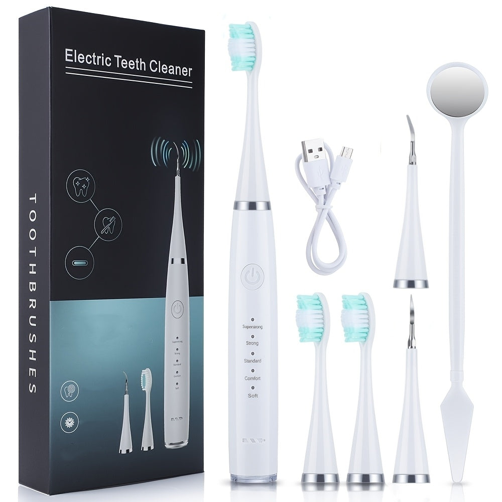 Six-In-One Electric Toothbrush Kit with Gentle Brush Head and Teeth Scaling Tool for Adults