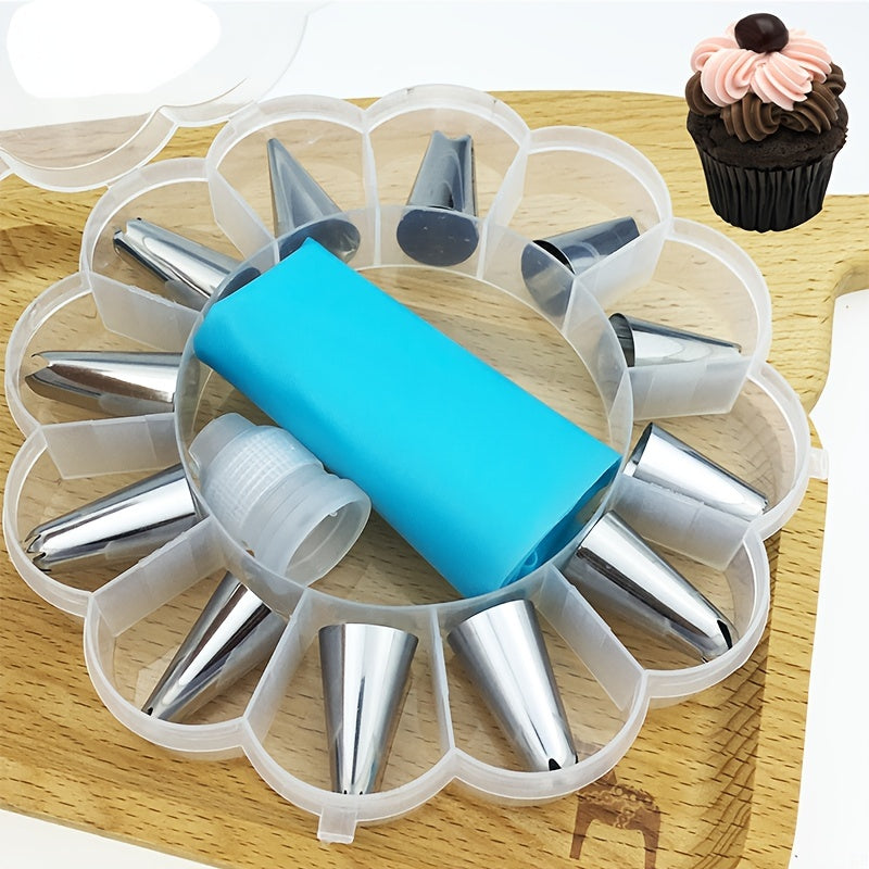 Cake Decorating Tools Set 14 Piping Nozzles Reusable Bag Storage Box