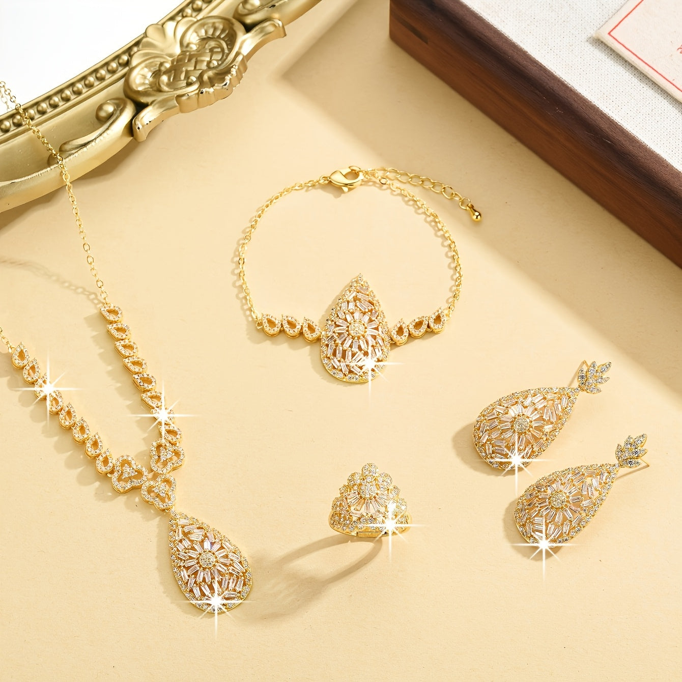 Gold-Plated Teardrop Jewelry Set for Women Necklace Earrings Bracelet Ring 5 Pieces