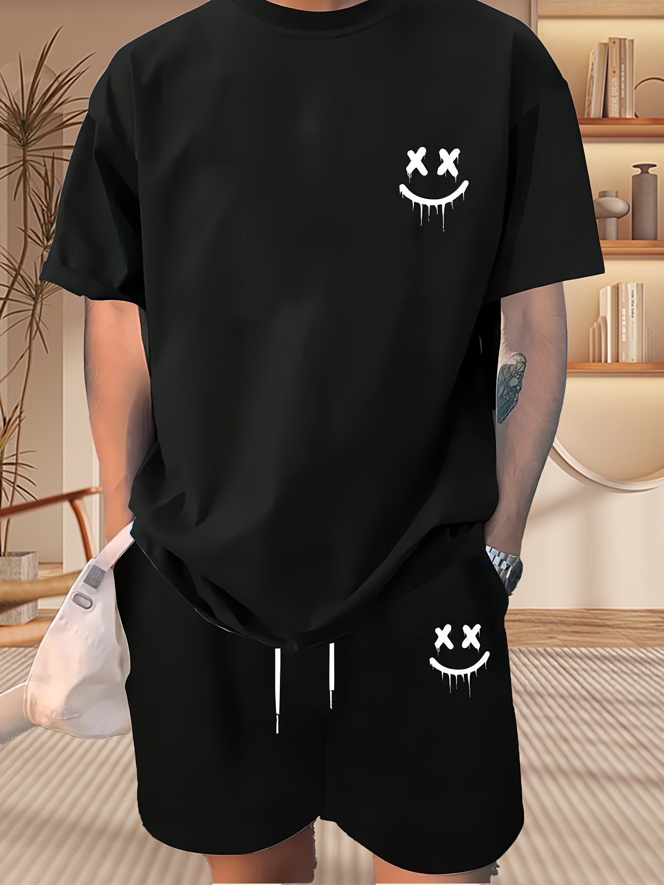 Men's Loungewear Set with Smiley Face Print Crew Neck Short Sleeve Top and Drawstring Shorts