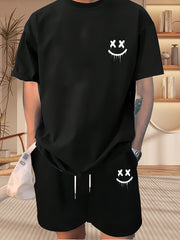 Мужской комплект для отдыха с принтом улыбающегося лица, футболка с круглым вырезом и короткими рукавами, шорты на шнурке