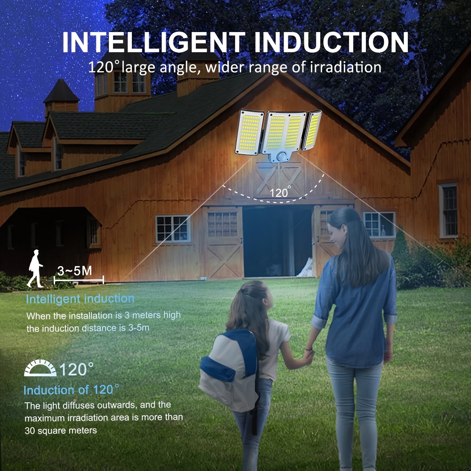 High Brightness Solar Motion Sensor Wall Light with Adjustable Heads and Multiple Modes for Outdoor Garden Patio and Garage