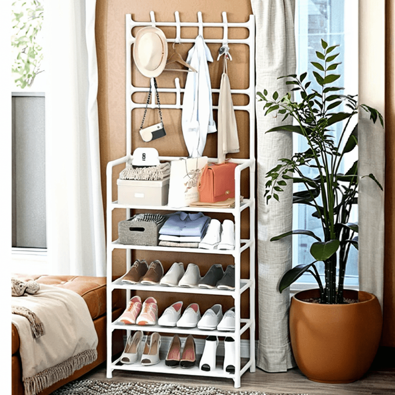 Estante para zapatos de metal de 5 capas, 8 ganchos, almacenamiento multiusos para dormitorio y baño