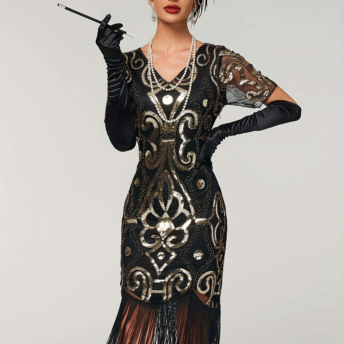 Plus Size 1920s Sequin Gatsby Party Dress Short Sleeve Evening Gown