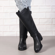 Women's Black Mid-Calf Cover Boots with Chunky Heel and Side Zipper