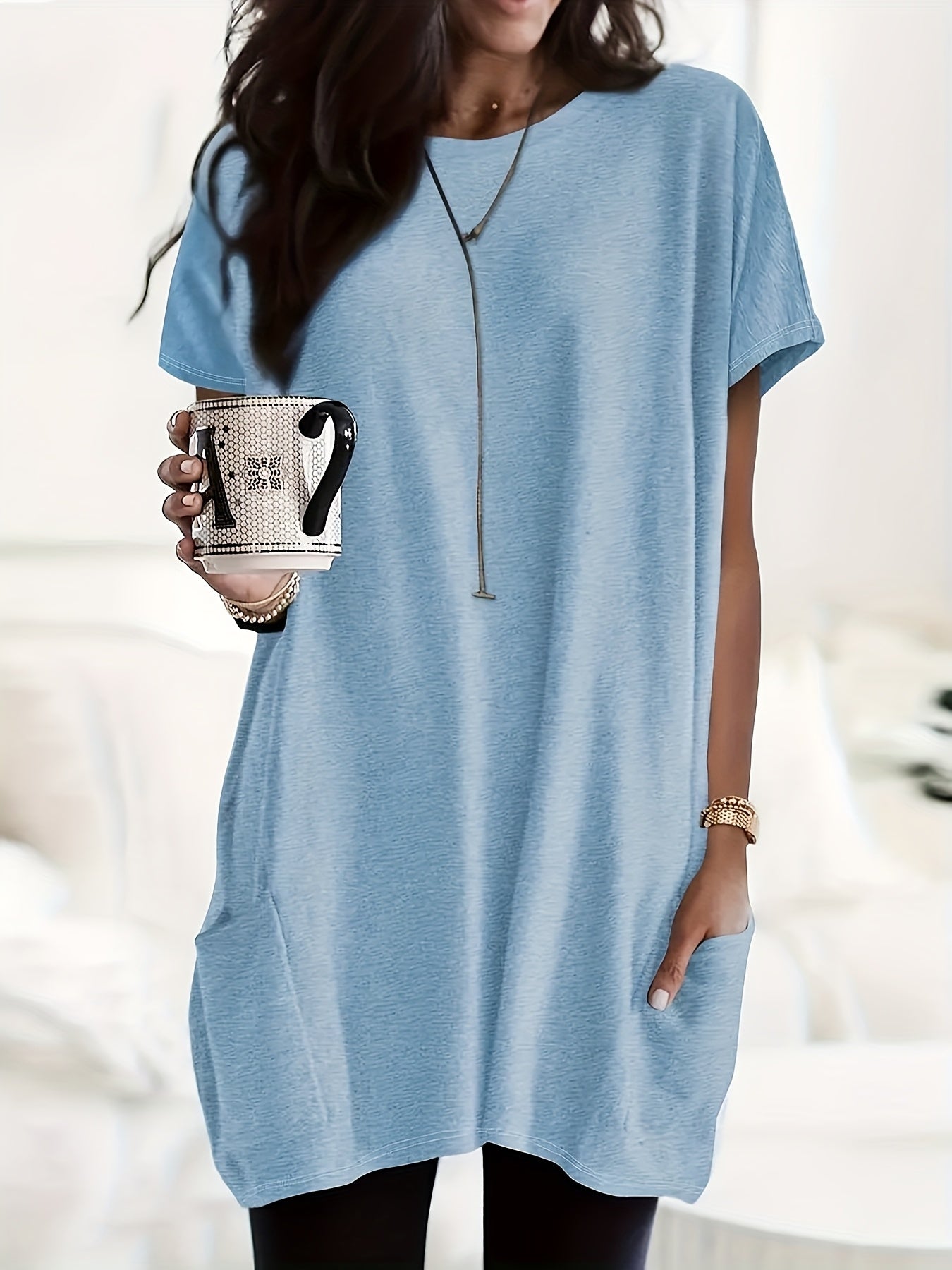 Plus-Size Women's Casual Short Sleeve Tunic Top Solid Color Loose Fit Breathable Fabric