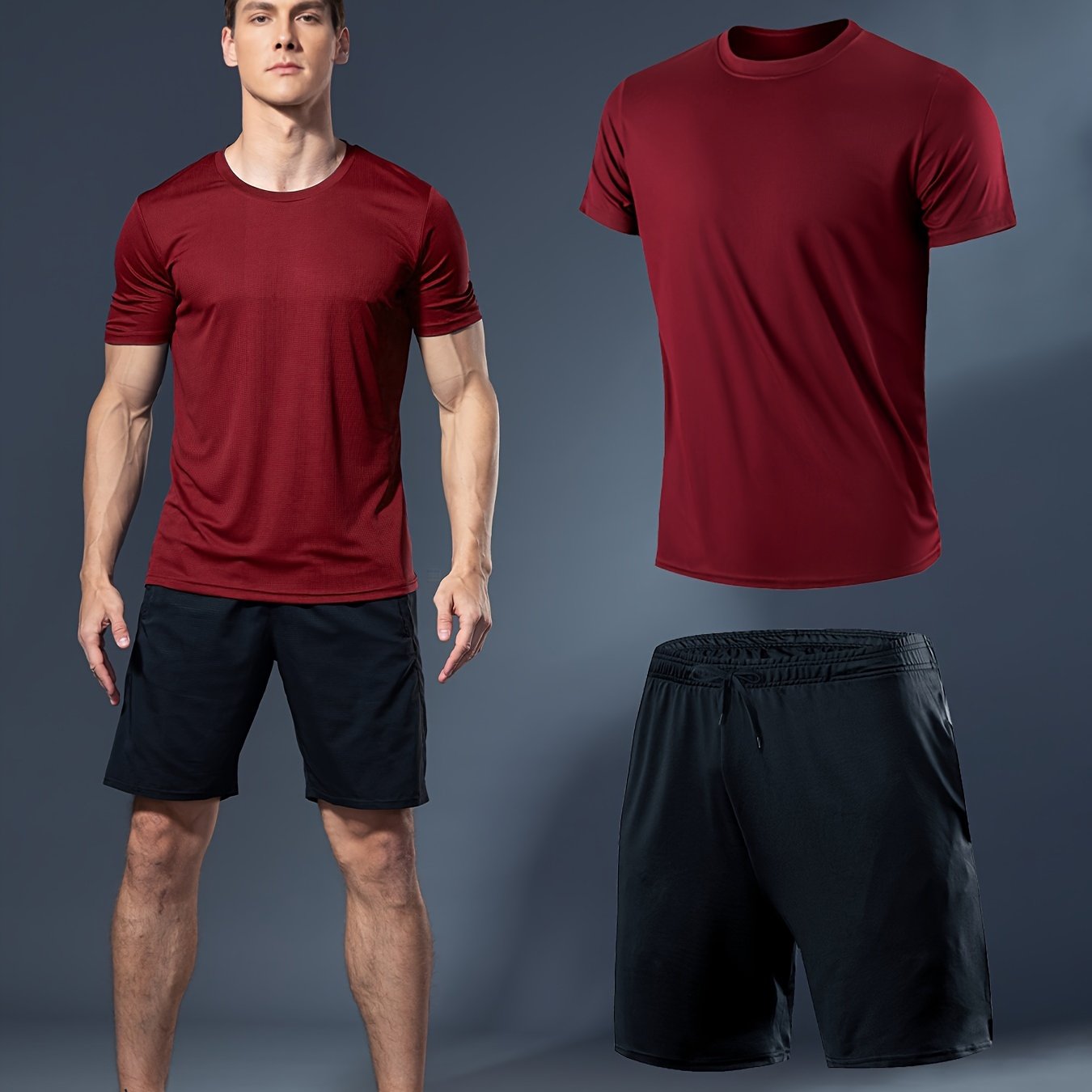Men's Summer Fitness Set White T-Shirt Black Shorts Lightweight Quick-Dry Breathable Polyester Sportswear