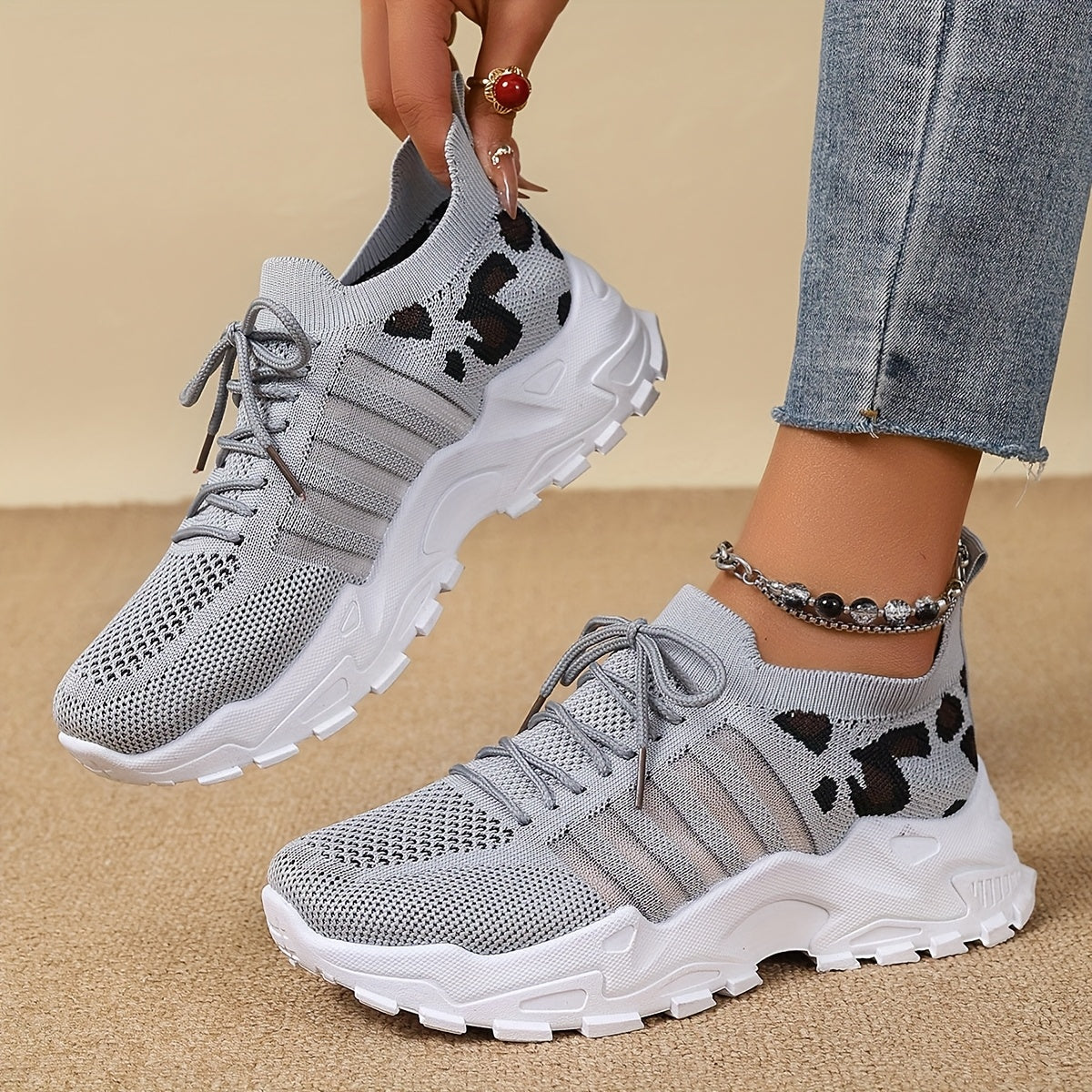 Plus Size Women's Leopard Print Breathable Mesh Sneakers for Walking and Casual Wear