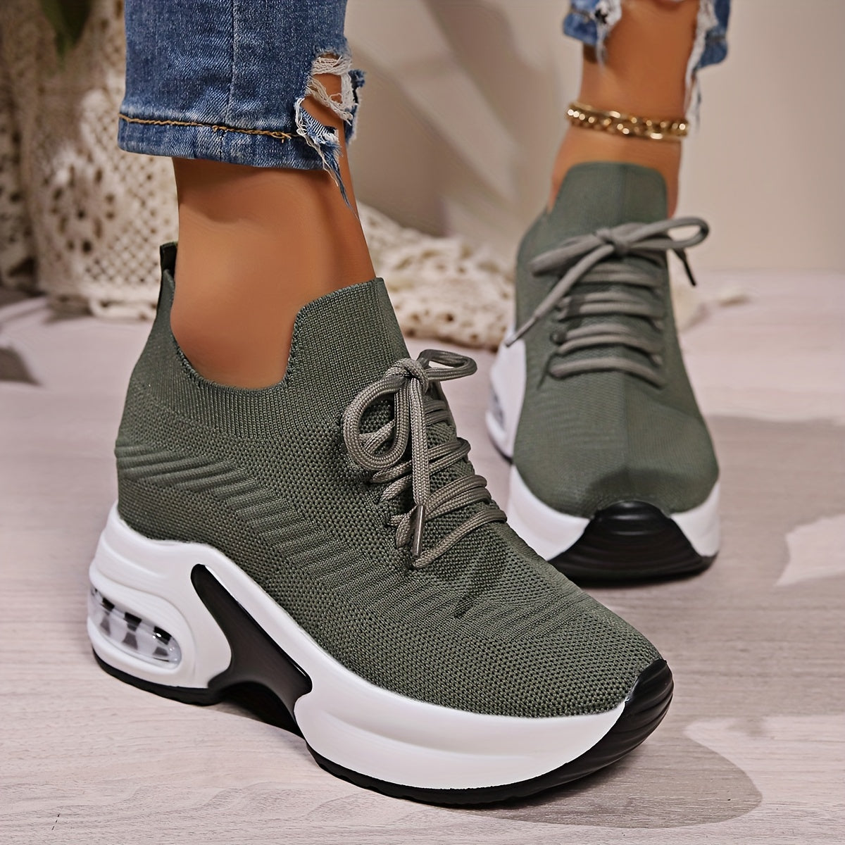 Women's Solid Color Knitted Sneakers, Lace-Up Platform Walking Shoes